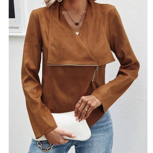 Luxe Rust Vegan Suede Zip up Biker Moto Jacket - Picture 4 of 5